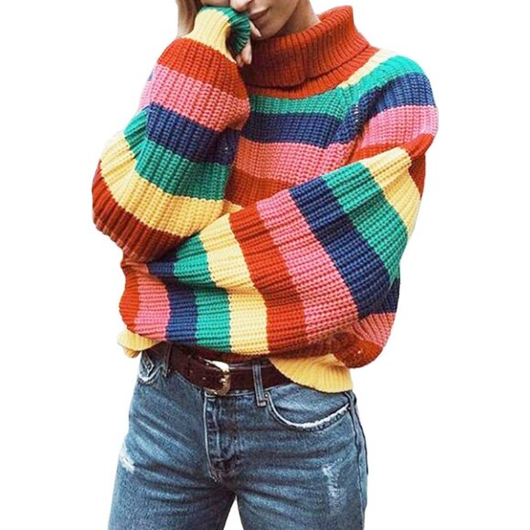 Sweaters - Women's Striped Turtleneck Sweater Long Sleeve Solid Color Block High Neck